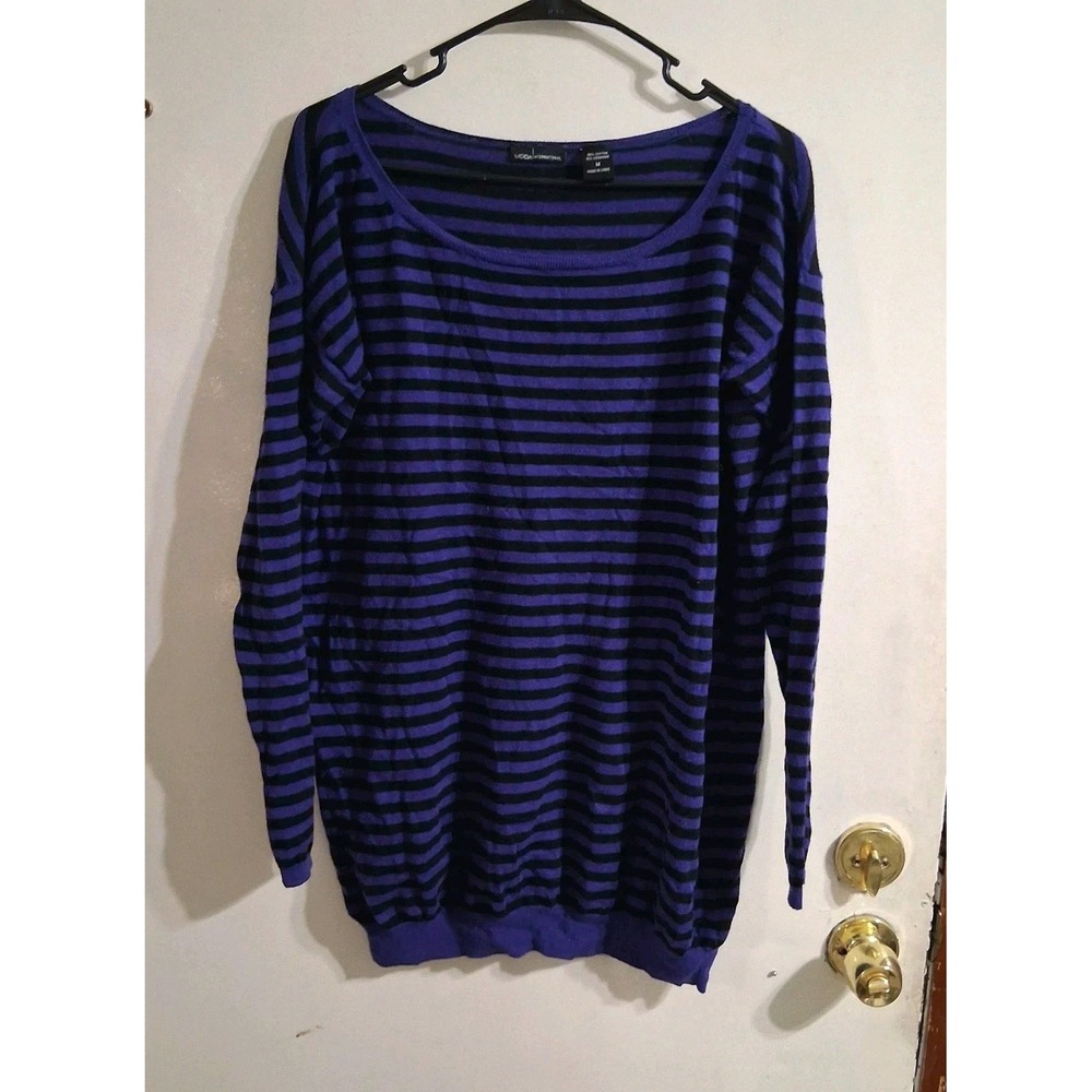 Ladies Purple Black Striped Tunic Wide Neck Vaporwave 80s 90s Style EUC M